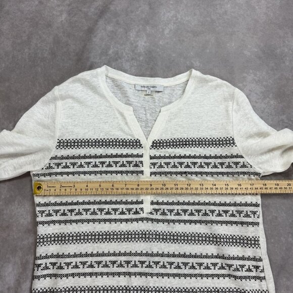 White & Black Tribal Print 100% Linen Long Sleeve Henley Blouse - Picture 4 of 10